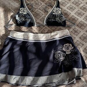 Becca Embroidered navy Bikini Top and Skirt Set with white Trim